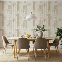 Retro Chic Art Deco wallpaper in soft pastel deco pattern in a dining room with oval wood table and white pendant