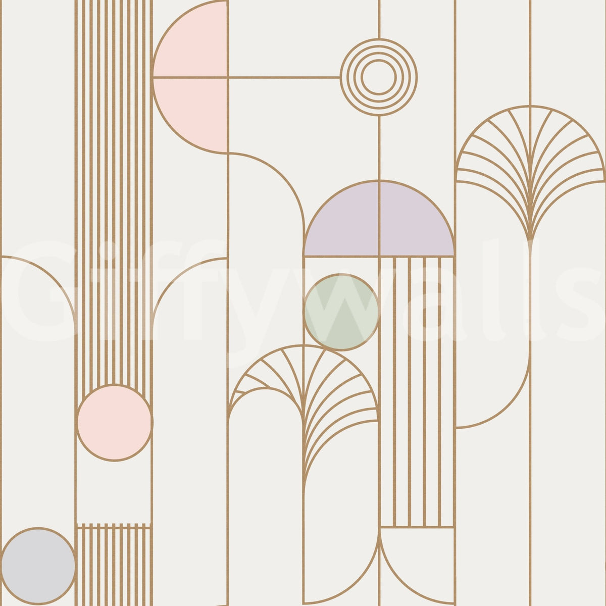 Retro Chic Art Deco wallpaper close-up showing the pastel pink, lilac and gold fan and circle pattern detail