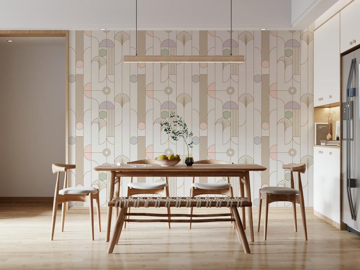 Retro Chic Art Deco wallpaper in soft pastel deco pattern in a dining room with wood table, bench and chairs