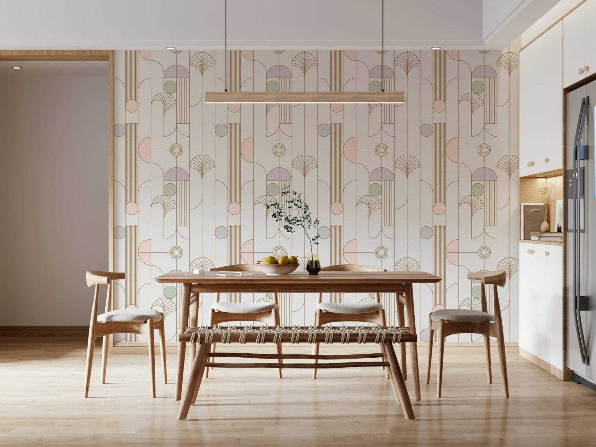 Retro Chic Art Deco wallpaper in soft pastel deco pattern in a dining room with wood table, bench and chairs