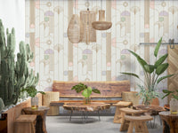 Retro Chic Art Deco wallpaper with pastel deco fans in a lounge with live-edge wood bench, stools and cacti