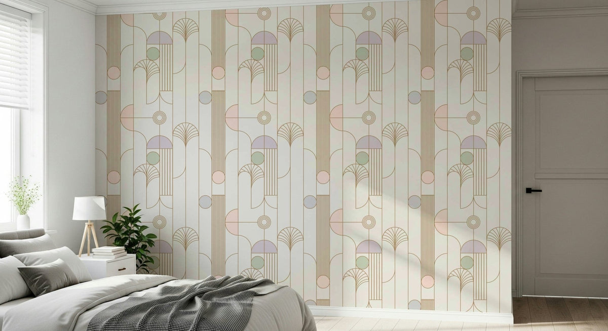 Retro Chic Art Deco wallpaper in blush and lilac deco fans behind a grey bed with nightstand, lamp and plant