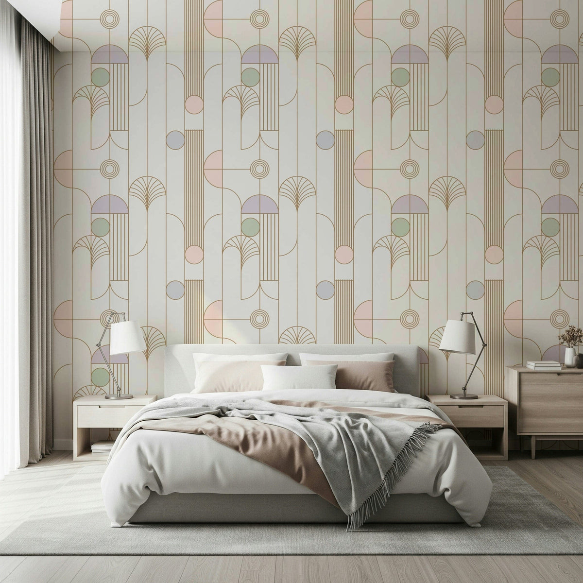 Retro Chic Art Deco wallpaper with gold linework fans behind a grey bed with blush throw and wood nightstands