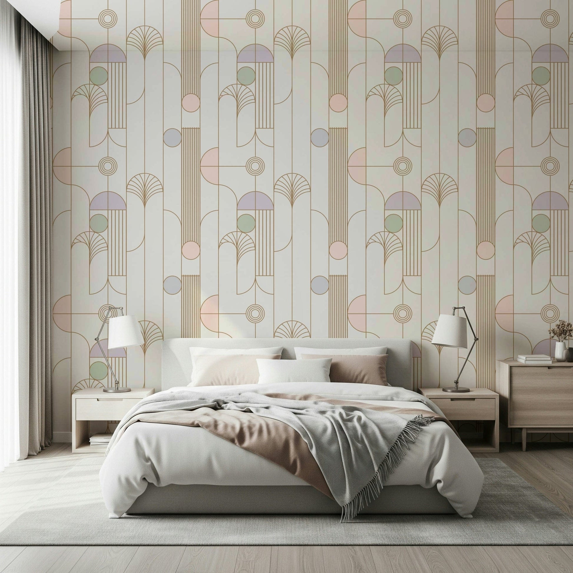 Retro Chic Art Deco wallpaper with gold linework fans behind a grey bed with blush throw and wood nightstands