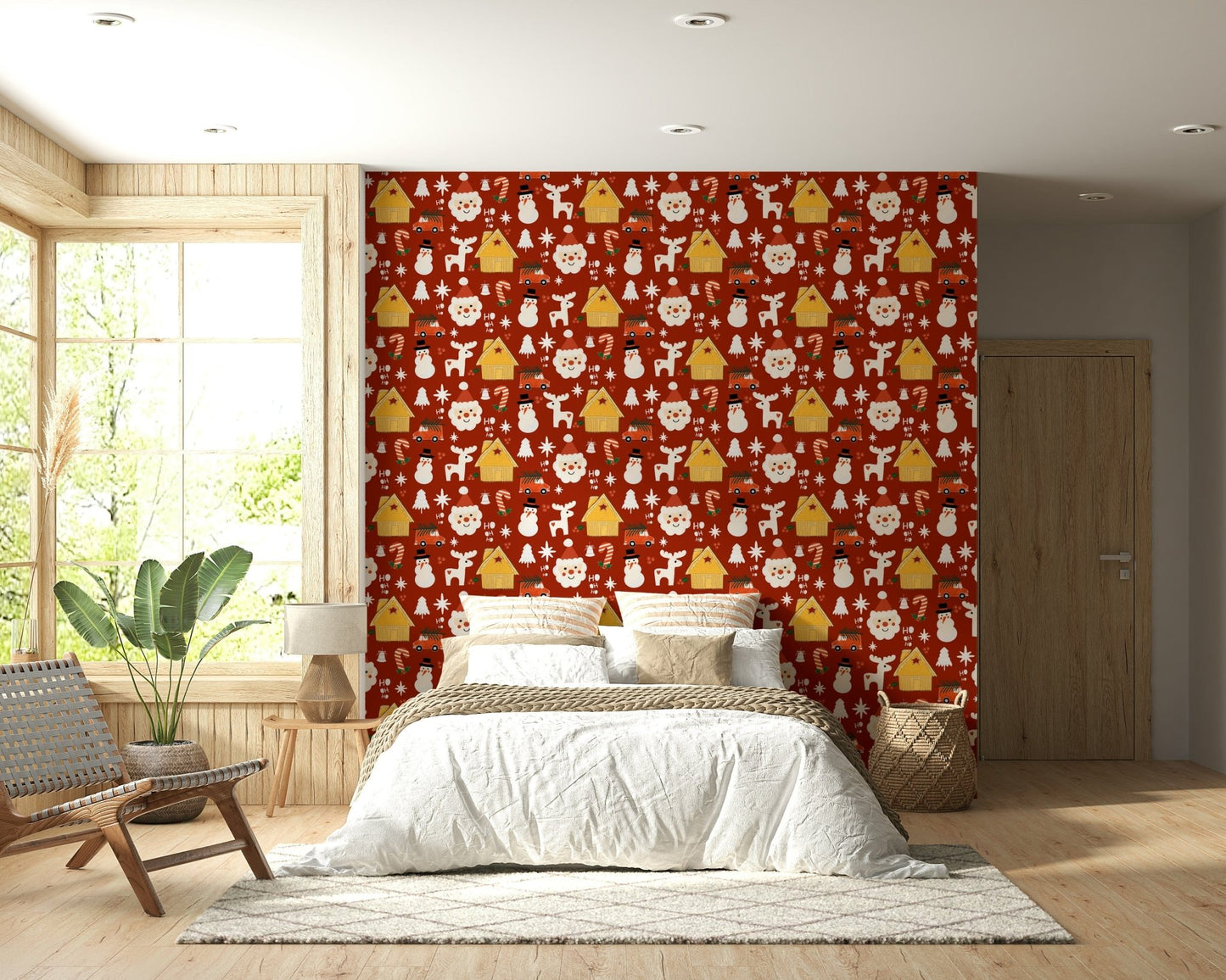 A retro Christmas wallpaper filled with snowmen, reindeer, Santa heads, and cozy wooden huts.