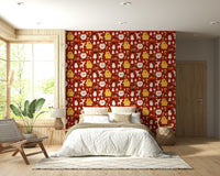 A retro Christmas wallpaper filled with snowmen, reindeer, Santa heads, and cozy wooden huts.