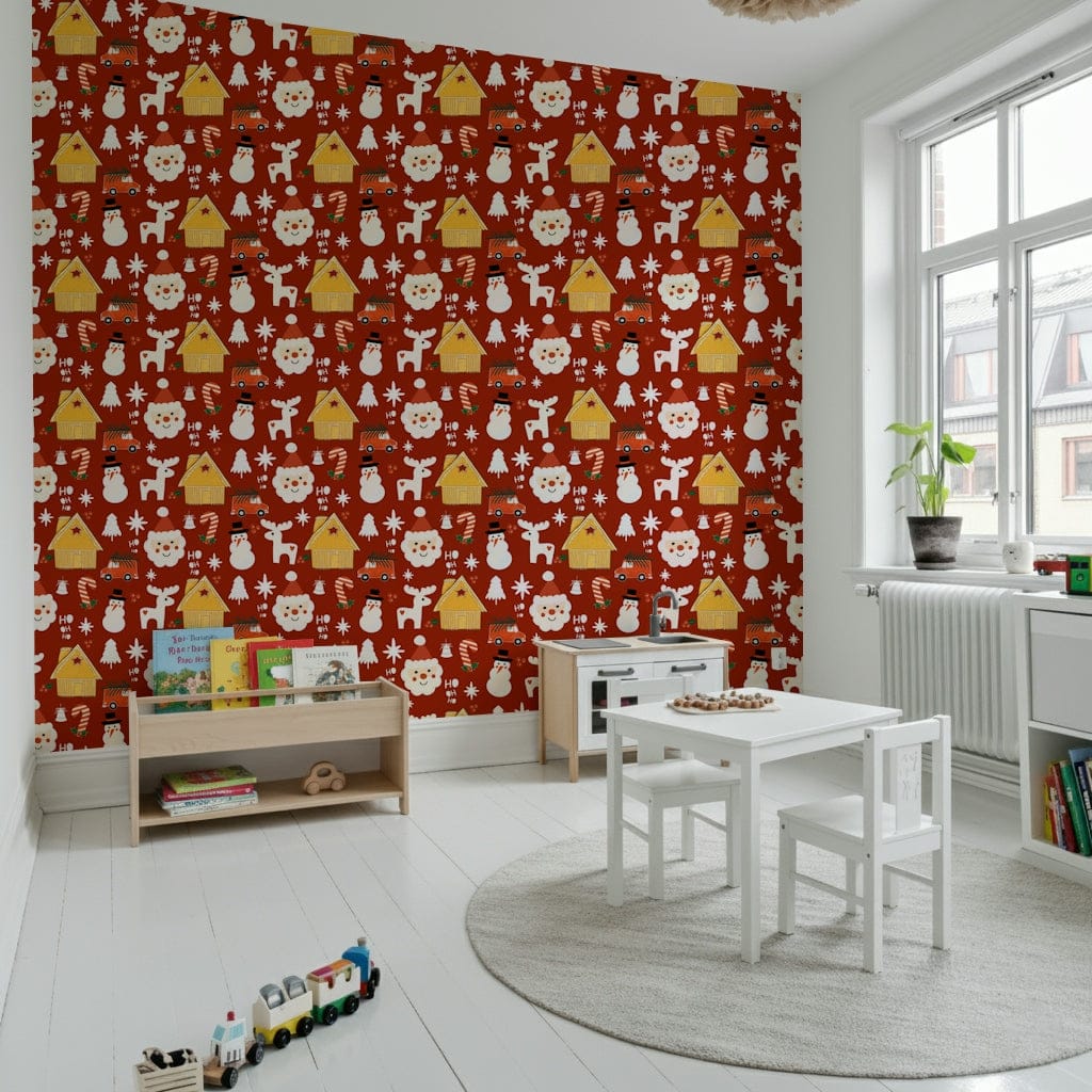 Holiday-themed wallpaper showcasing repeating retro icons including candy canes, trees, and cheerful Santas.