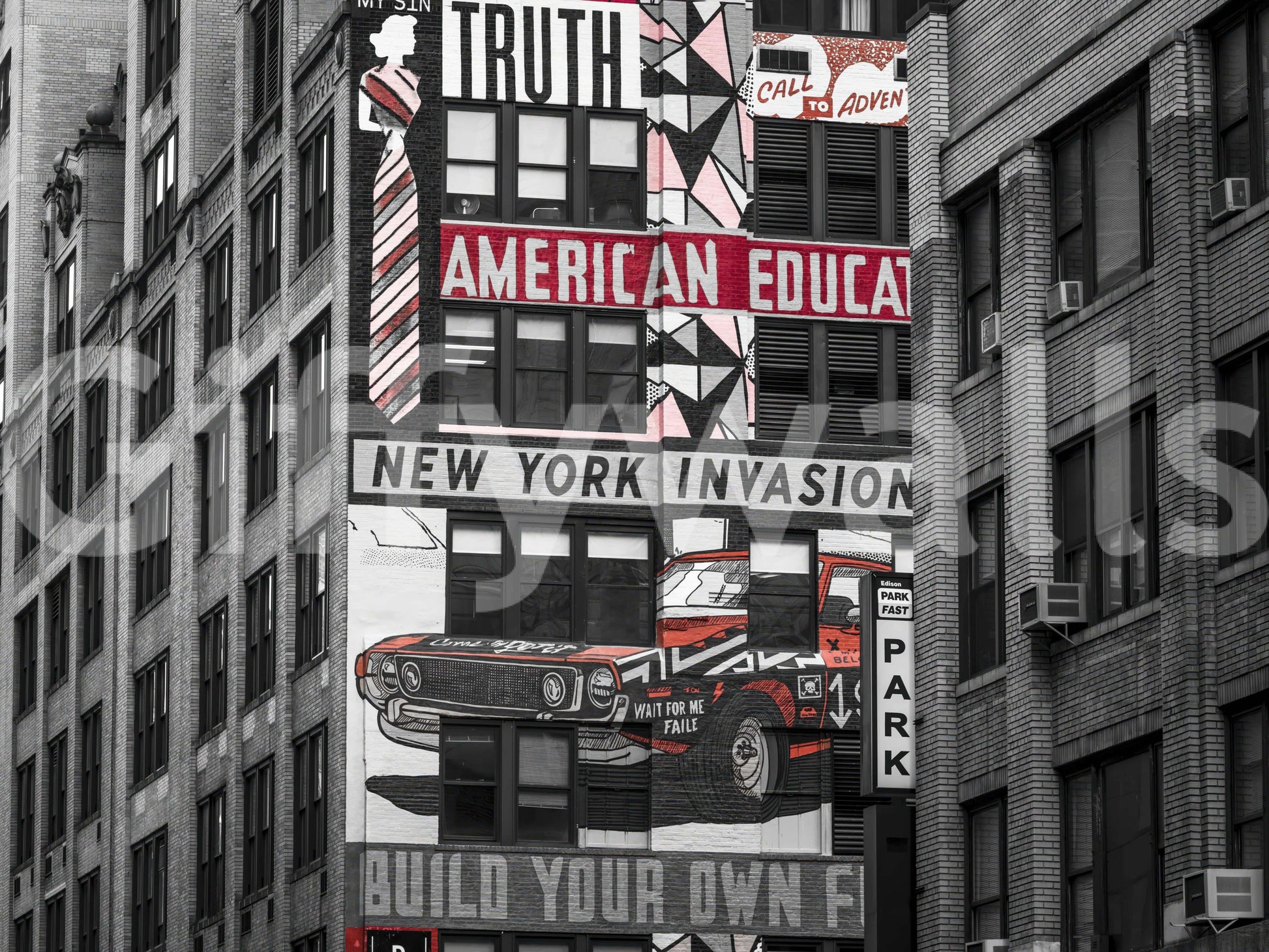 NYC street view, vintage-inspired vehicle graphic, compelling Retro City Murals print.