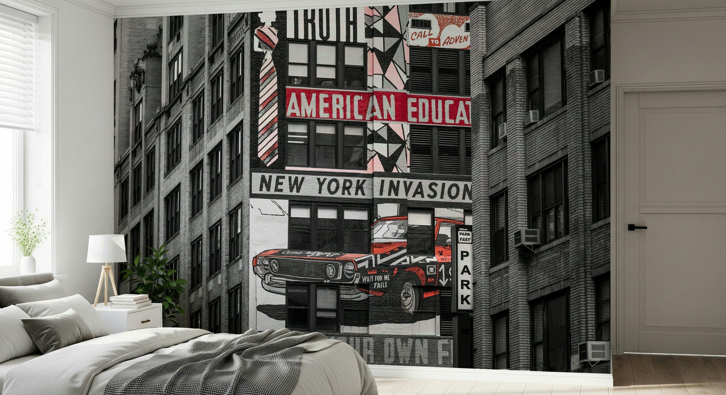 Street style building façade, red car painting, dramatic NYC wall mural.