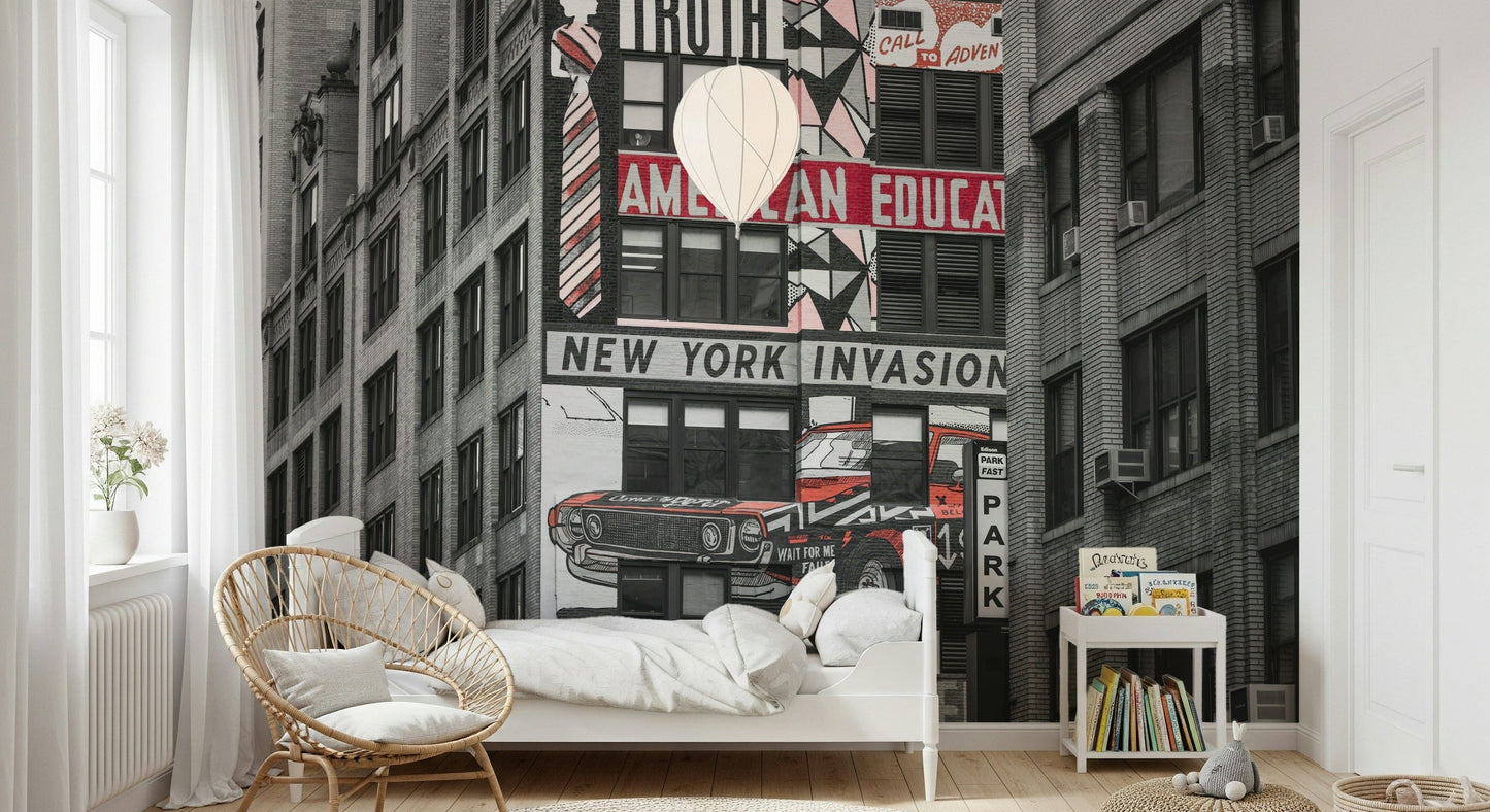 High-contrast Retro City Murals print, industrial setting, sophisticated wall décor.
