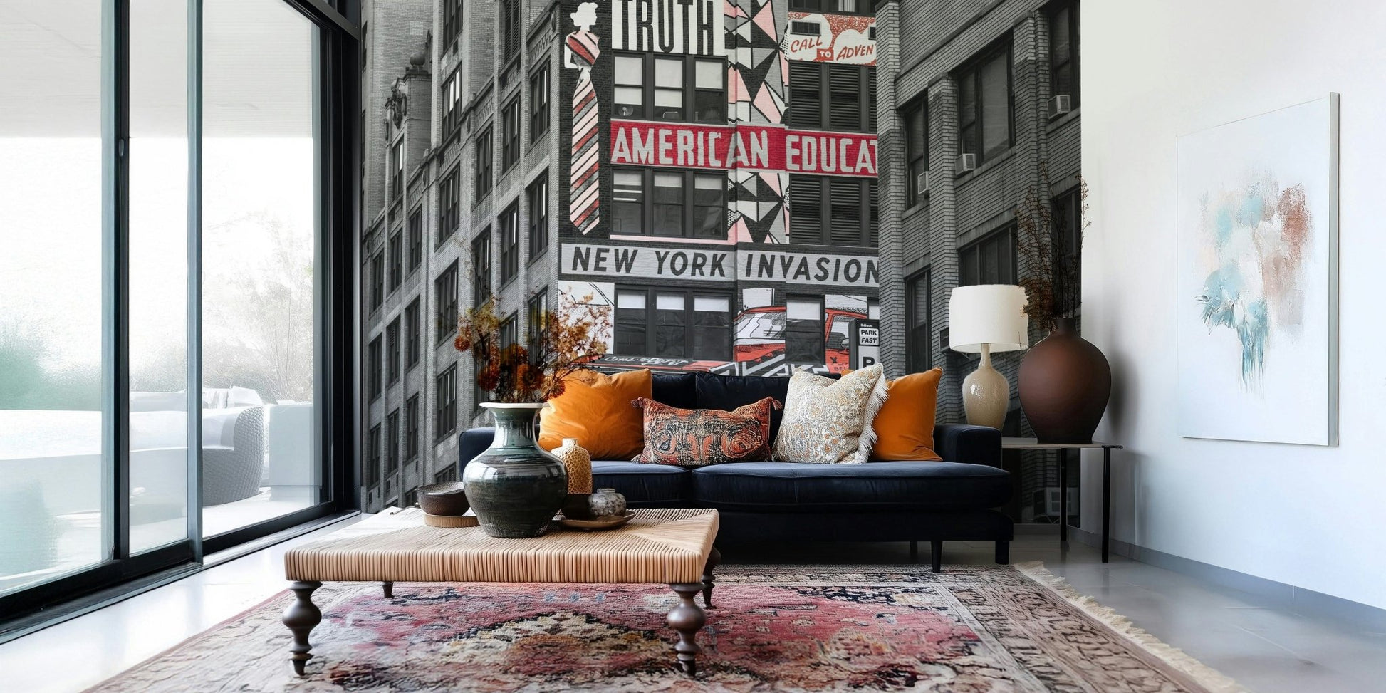 Retro City Murals wall mural depicting large building street art with car design.