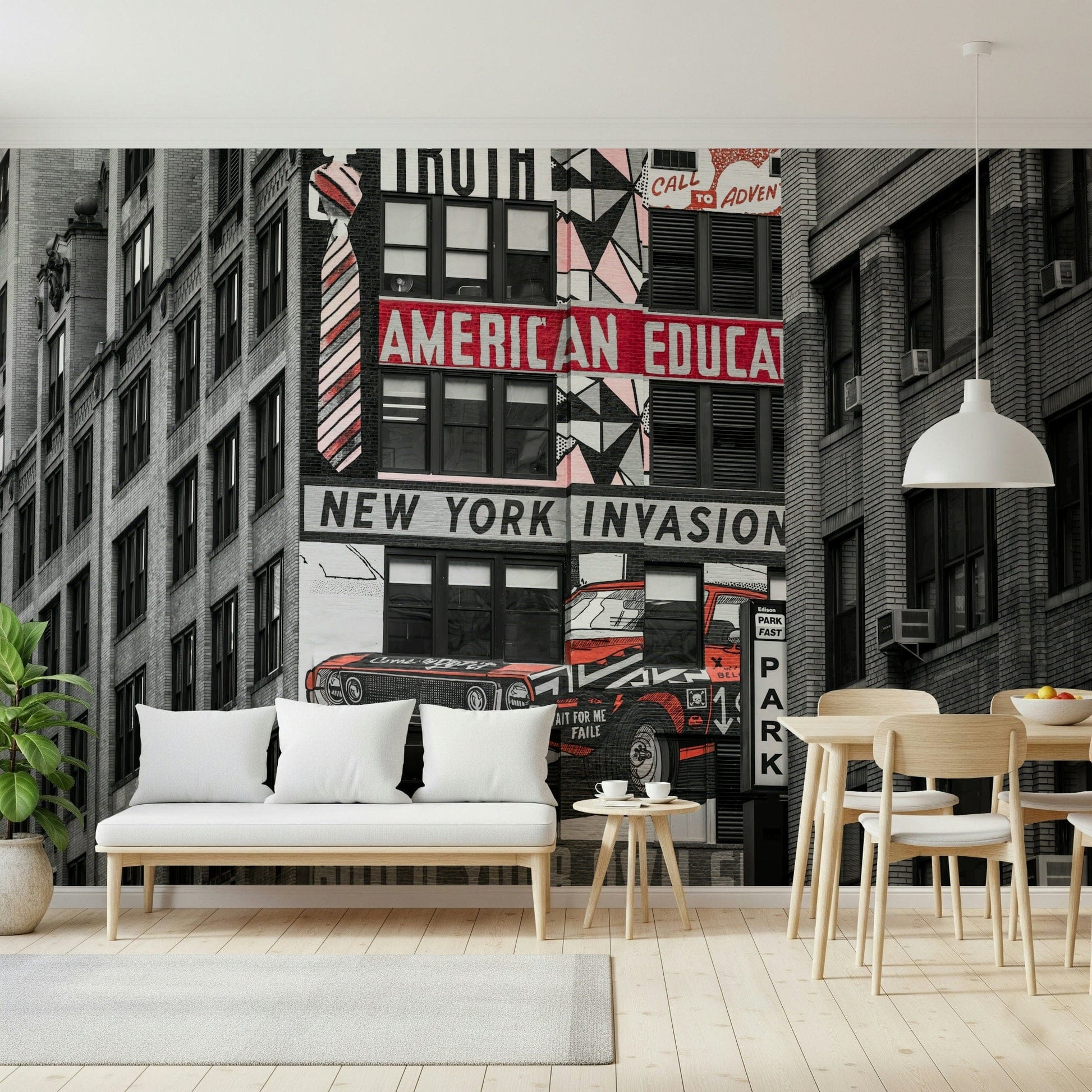 NYC graphic street painting, red and black accents, unique wallpaper for walls.