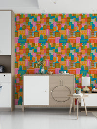 Colourful geometric city wallpaper for home office backdrop, tidy modern wall decor
