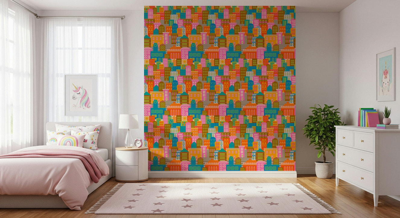 Sunny rainbow-bright geometric city wallpaper for modern living room feature wall
