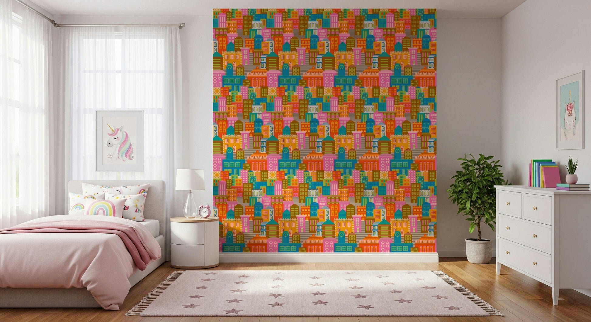 Sunny rainbow-bright geometric city wallpaper for modern living room feature wall