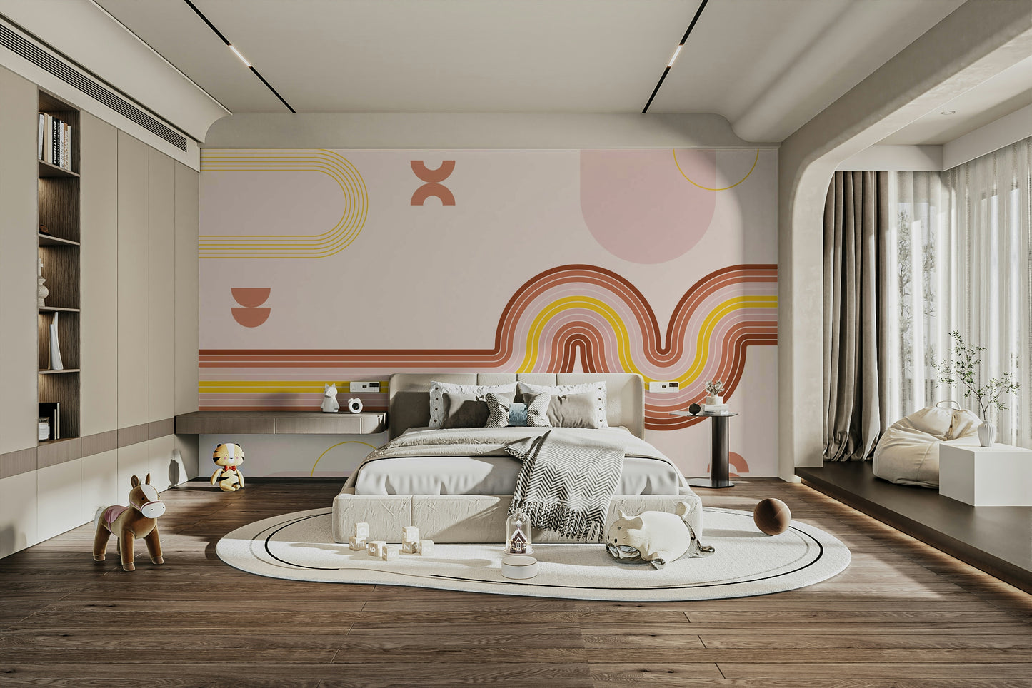 Neutral Retro Boho Curvy Lines Mural

