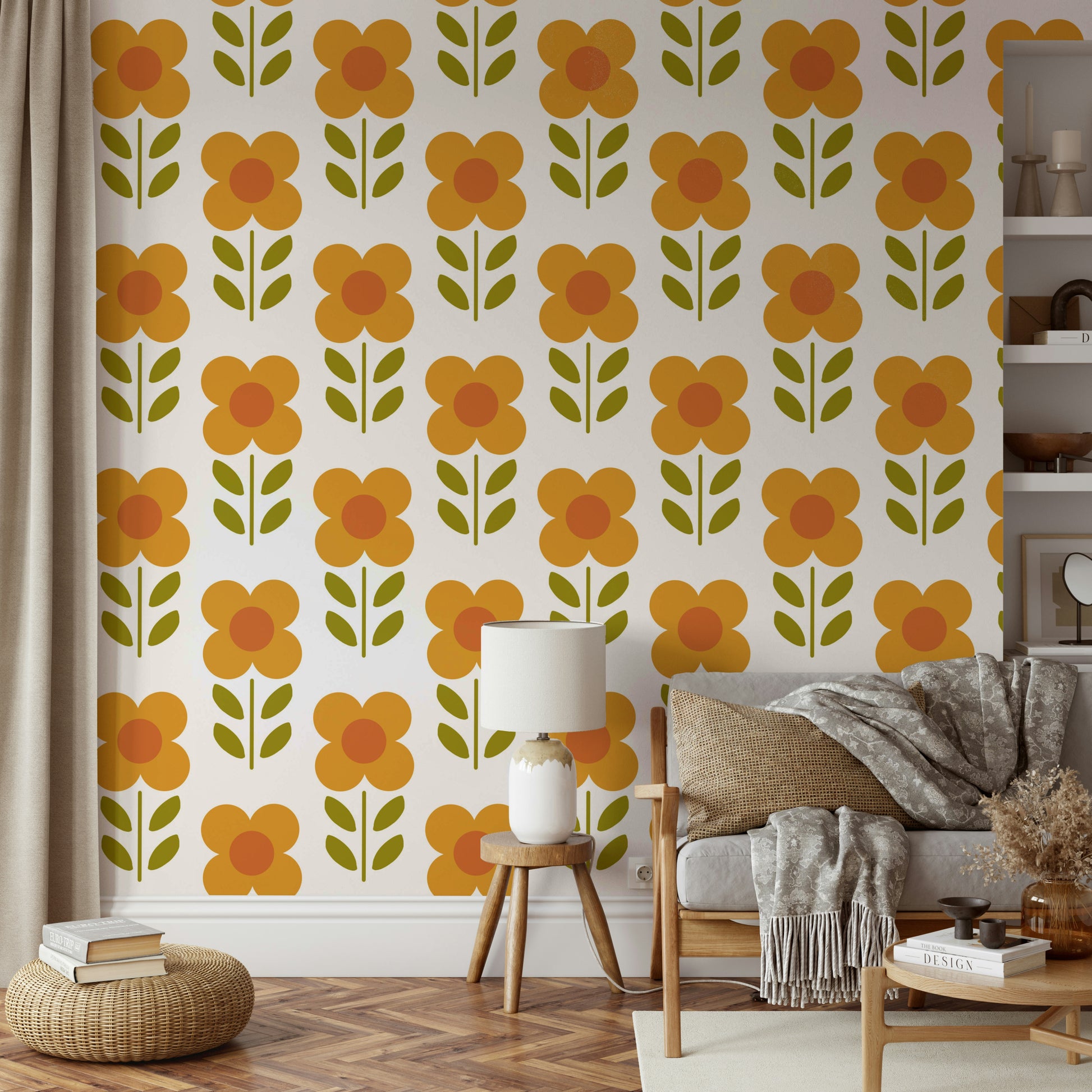 Olive green and orange floral wall mural

