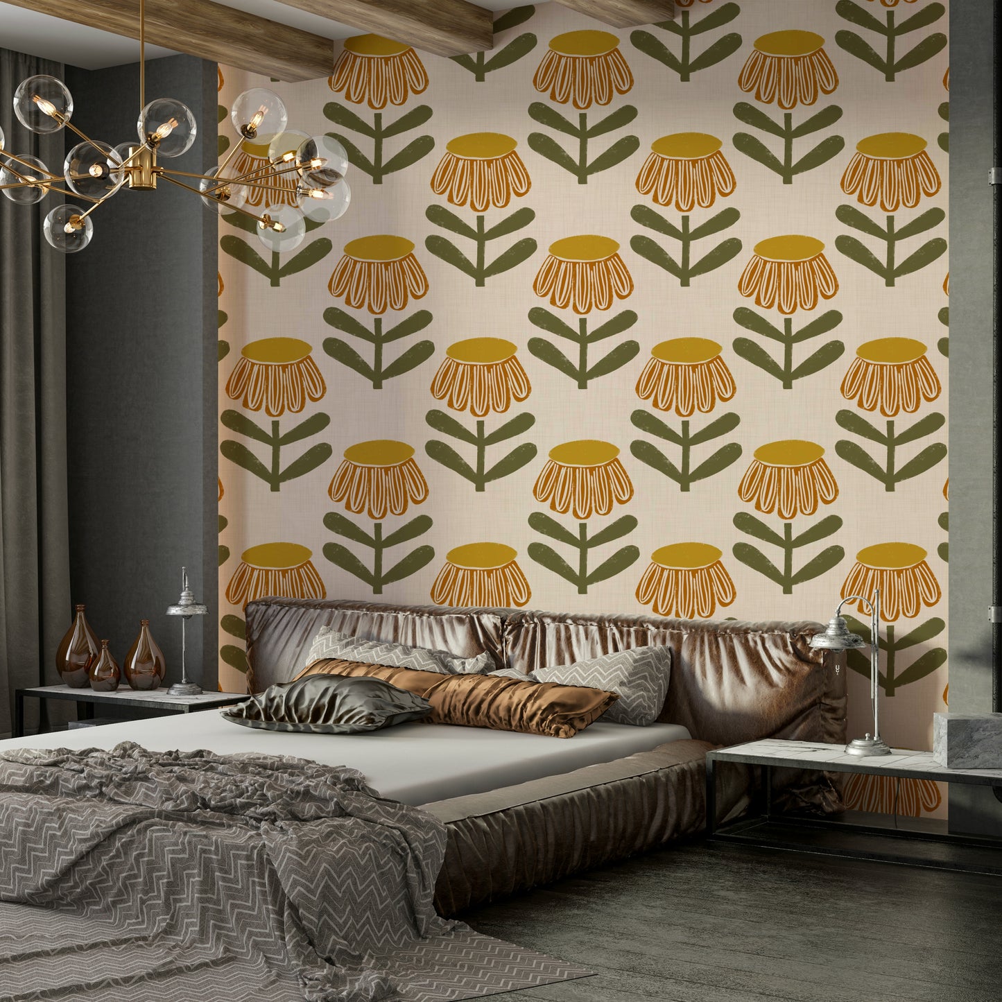 Mural wallpaper with retro daisies

