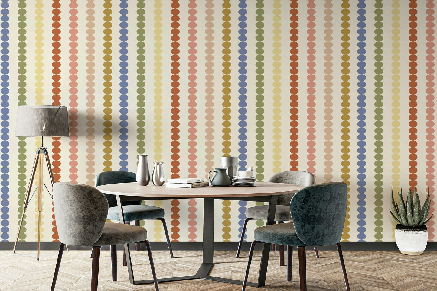 The design features a repeating pattern of dots and dashes.

