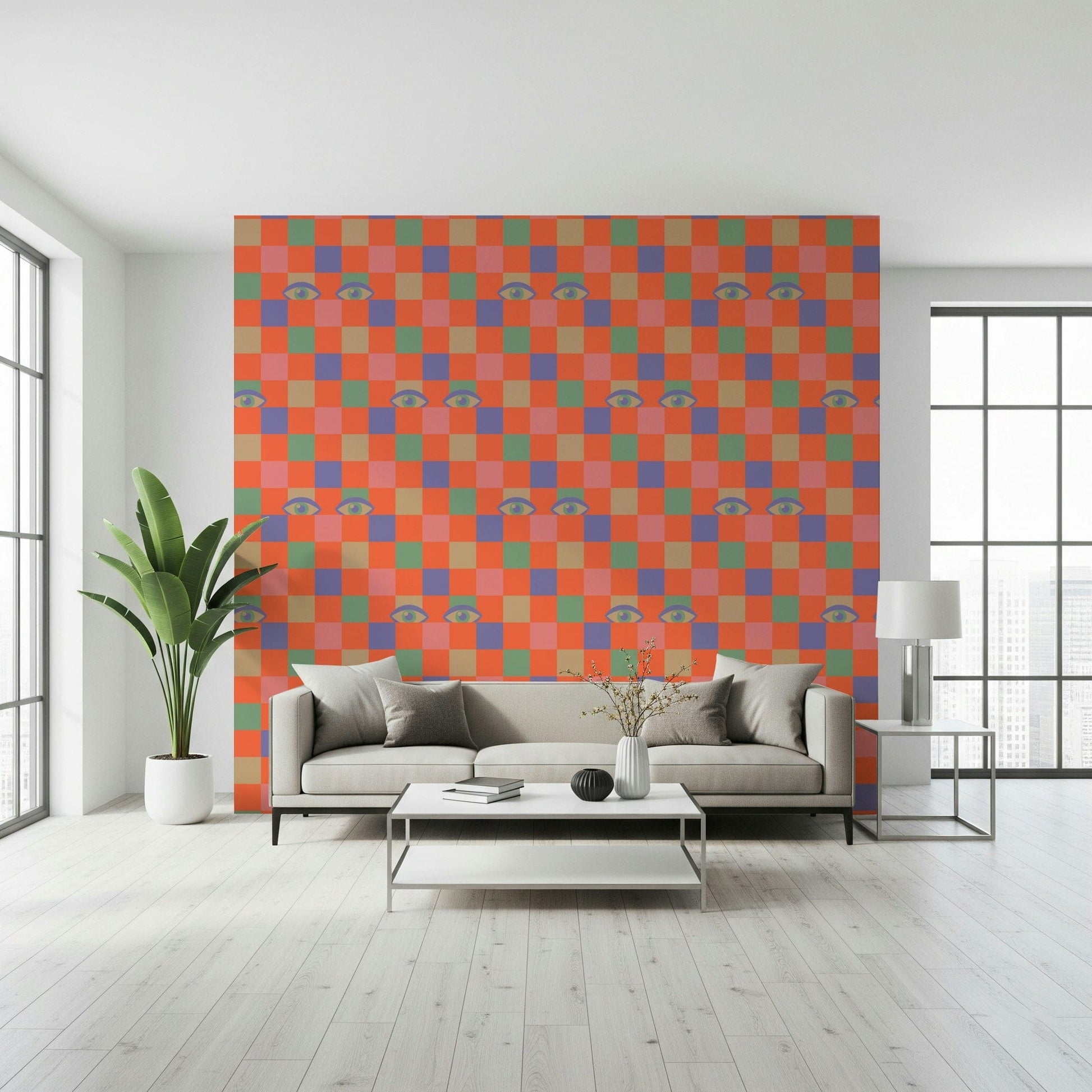 A playful wallpaper design combining colorful grid patterns with stylized watching eyes.