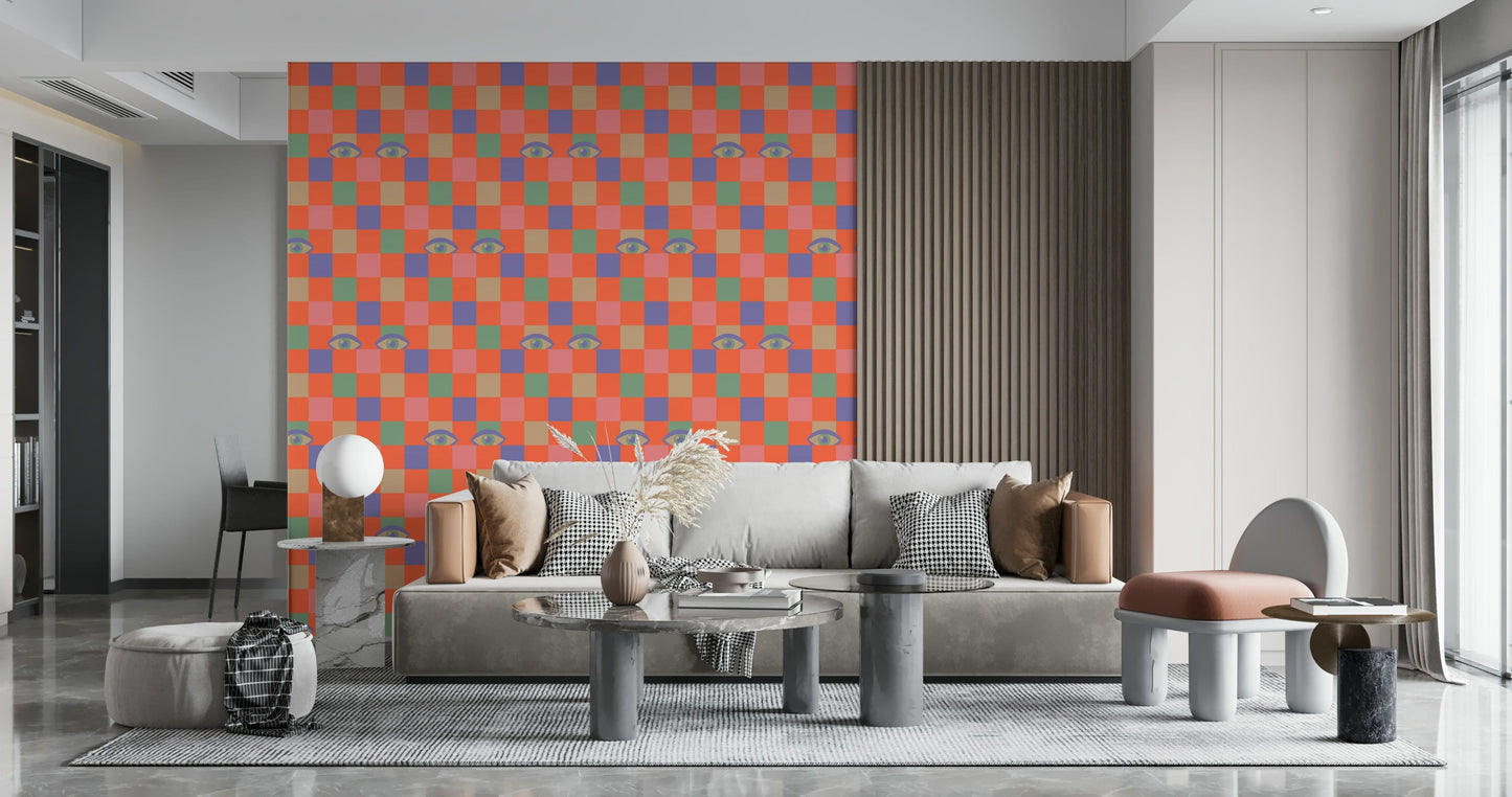 Retro eyes scattered across a bright multicolored checkerboard pattern in this bold statement wallpaper.