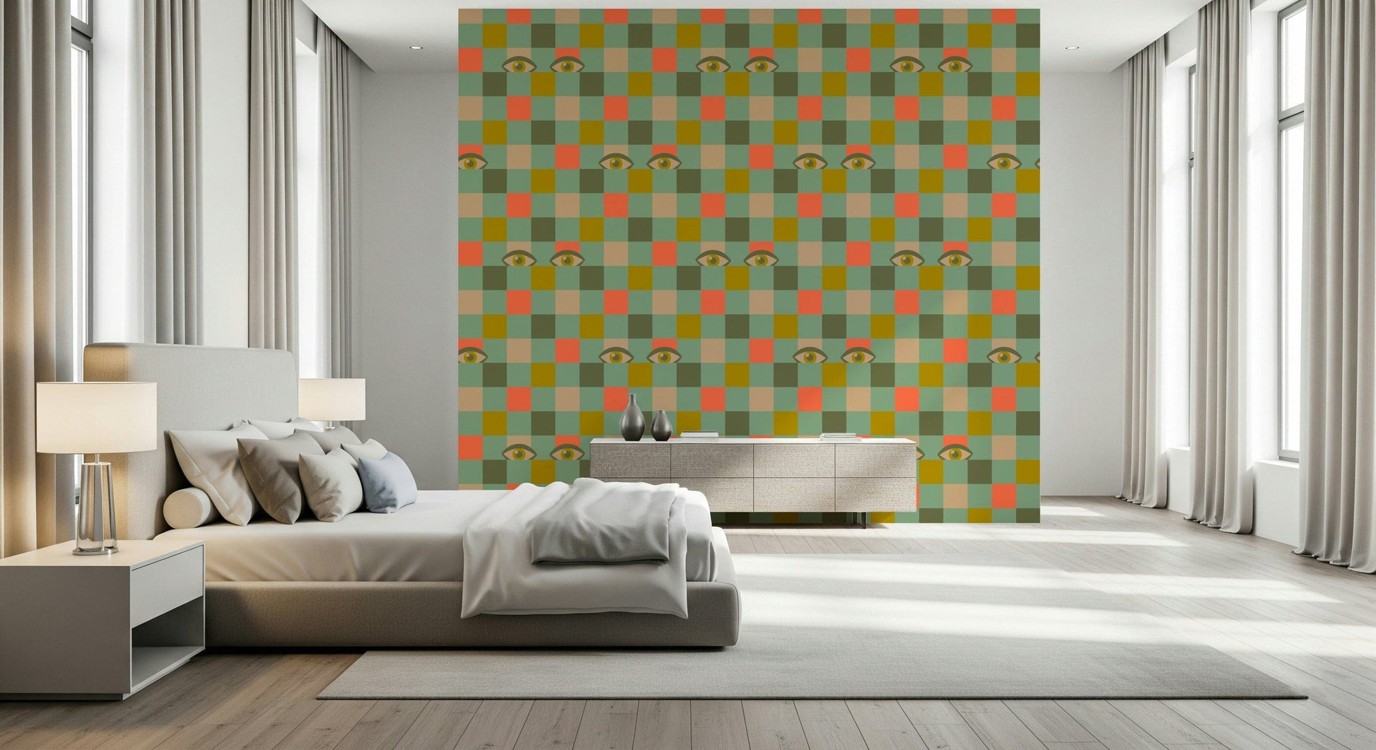 A whimsical wallpaper blending checkerboard geometry and peekaboo eyes in a nostalgic color palette.