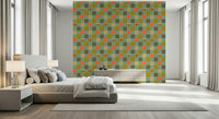 A whimsical wallpaper blending checkerboard geometry and peekaboo eyes in a nostalgic color palette.