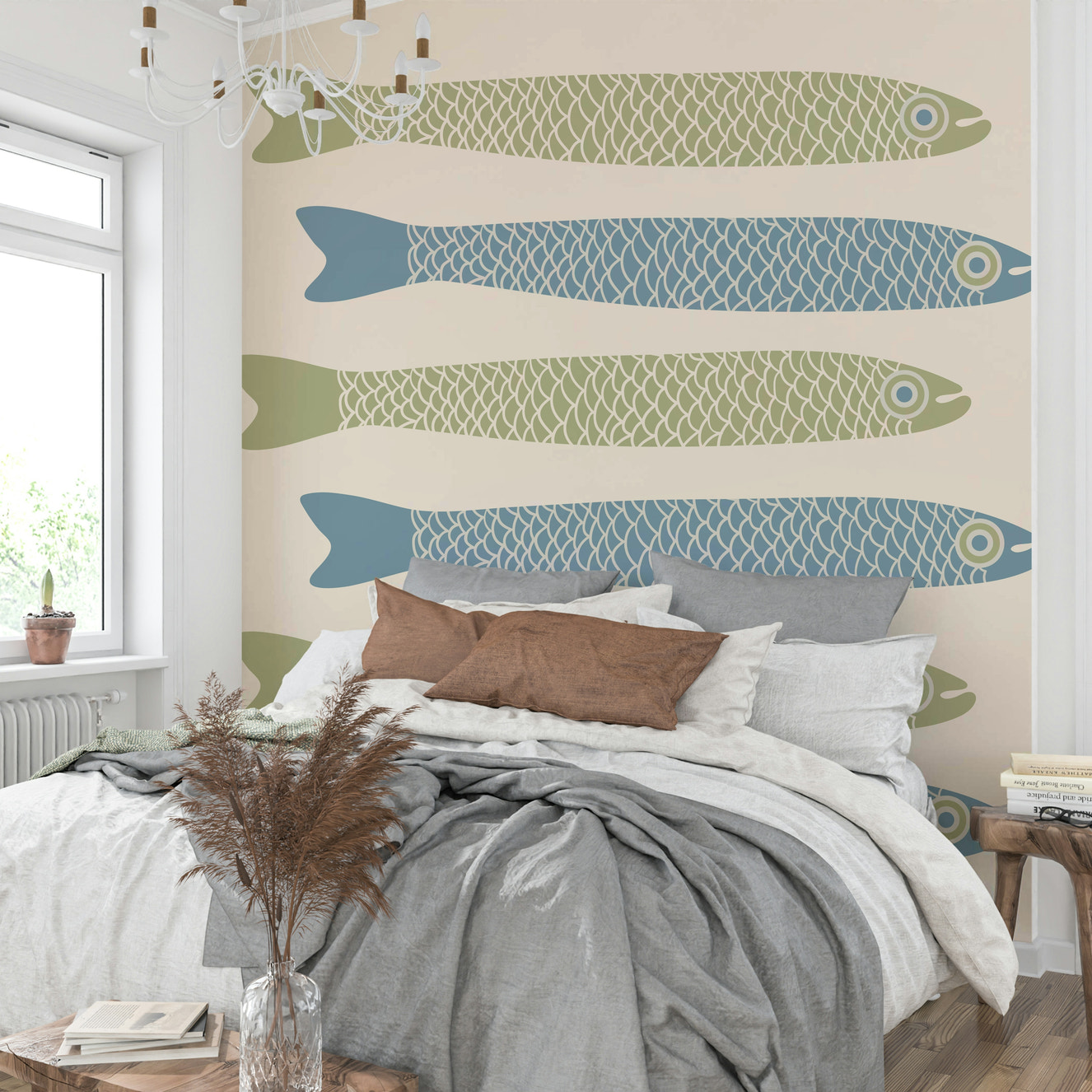 Sage green and light blue fish design
