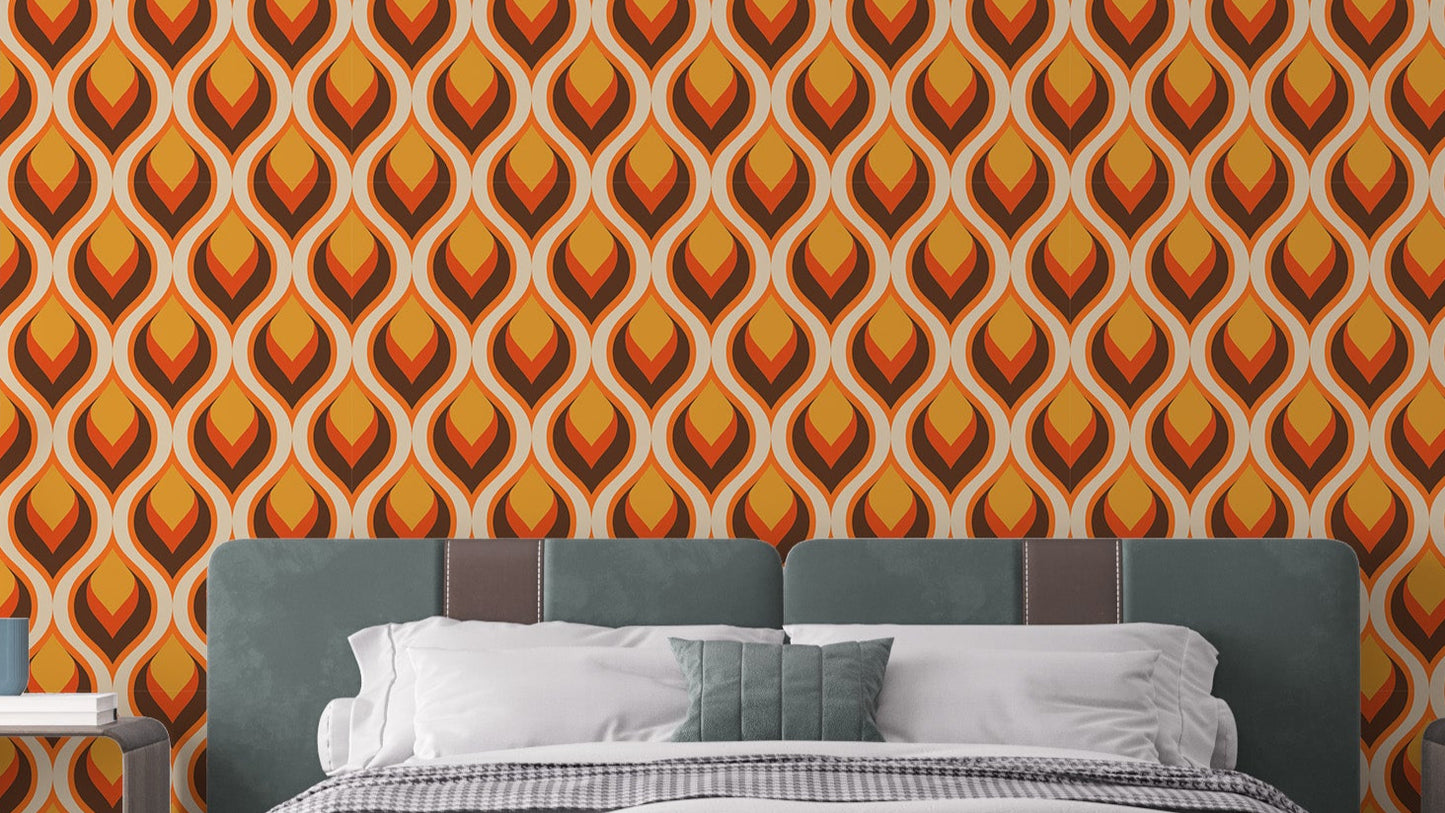 Vibrant retro flame wallpaper with bold design for bedroom