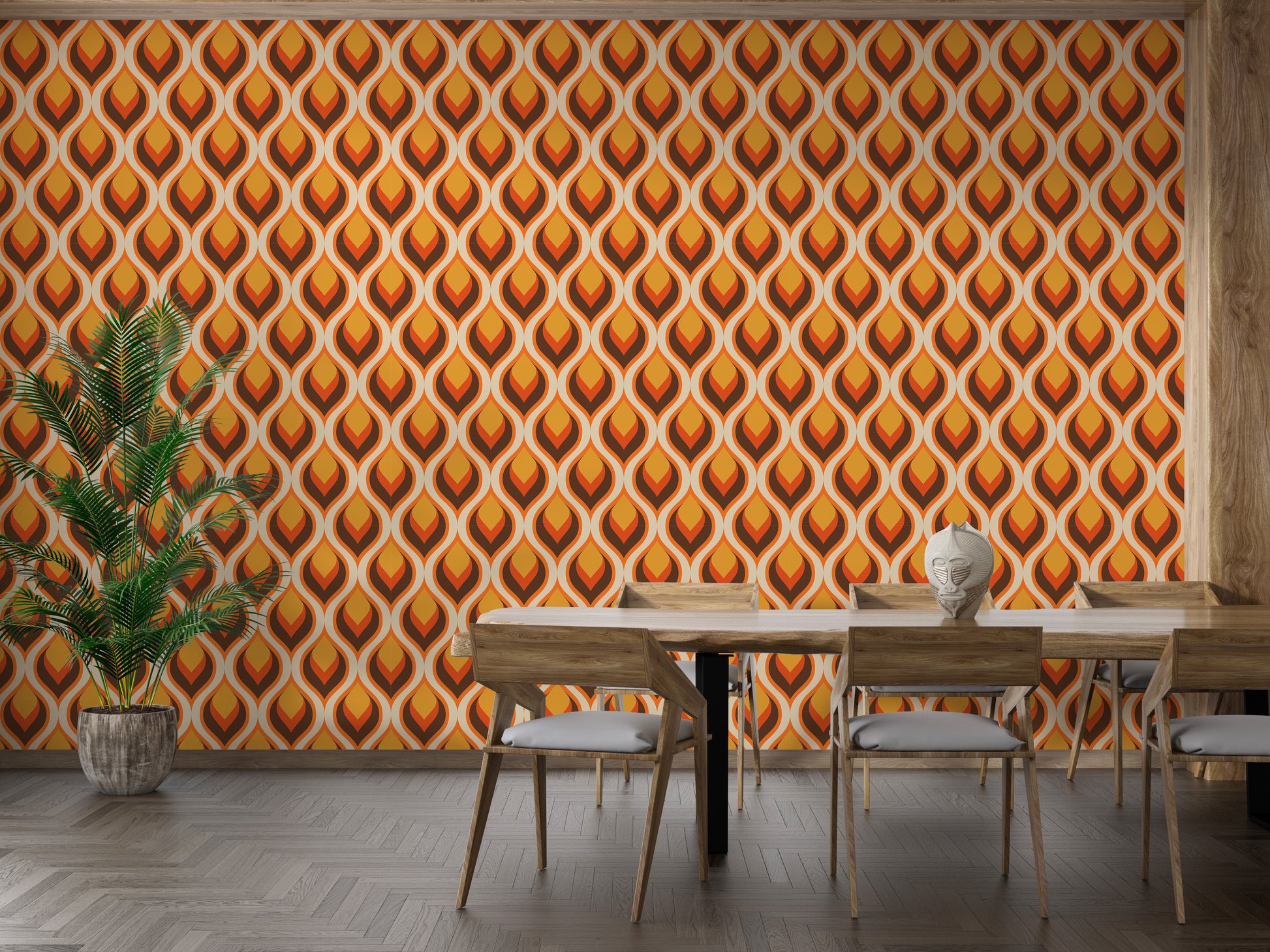Dynamic retro flame wallpaper with vibrant hues for dining room