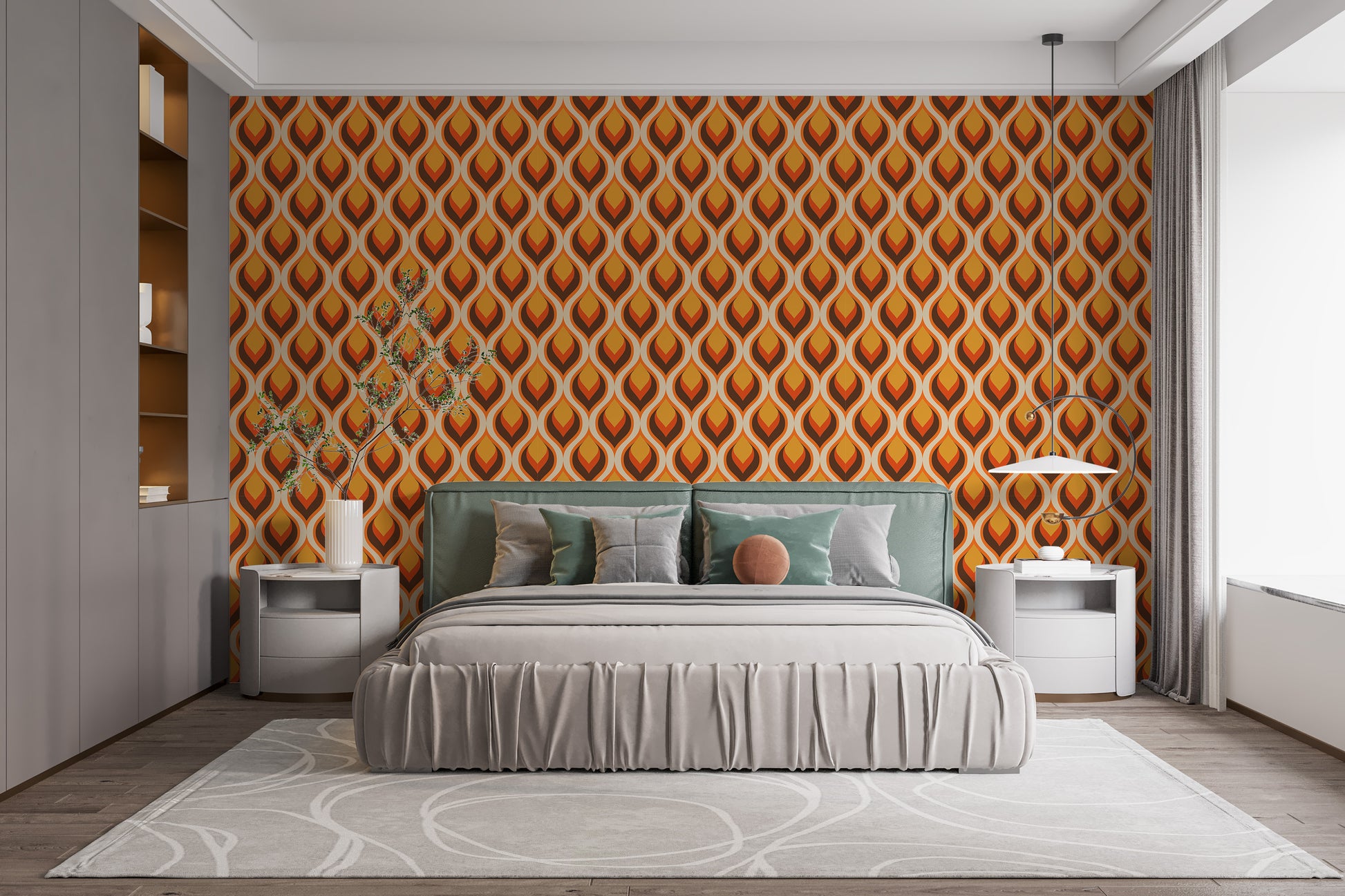 Abstract flame wallpaper with a vintage aesthetic for bedroom