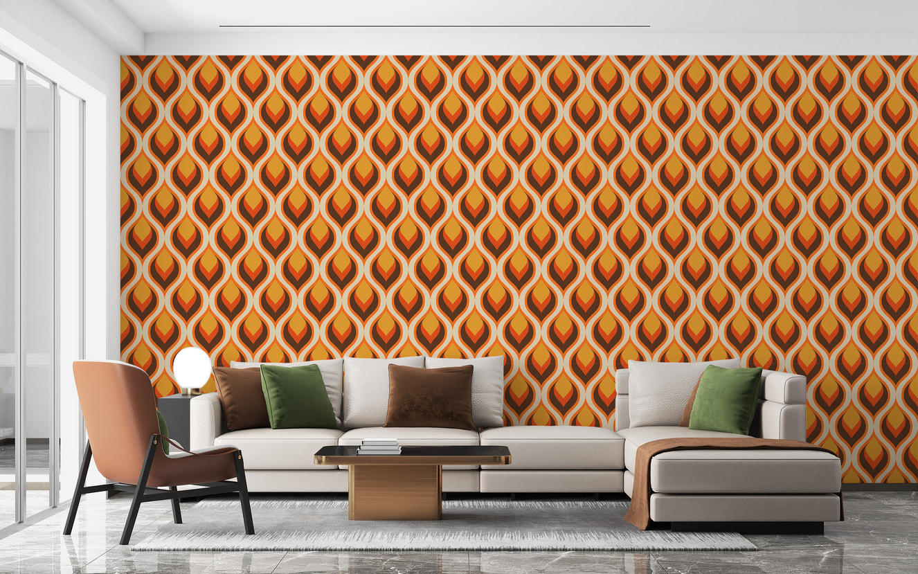 Bold orange flame pattern wallpaper for interiors in living room