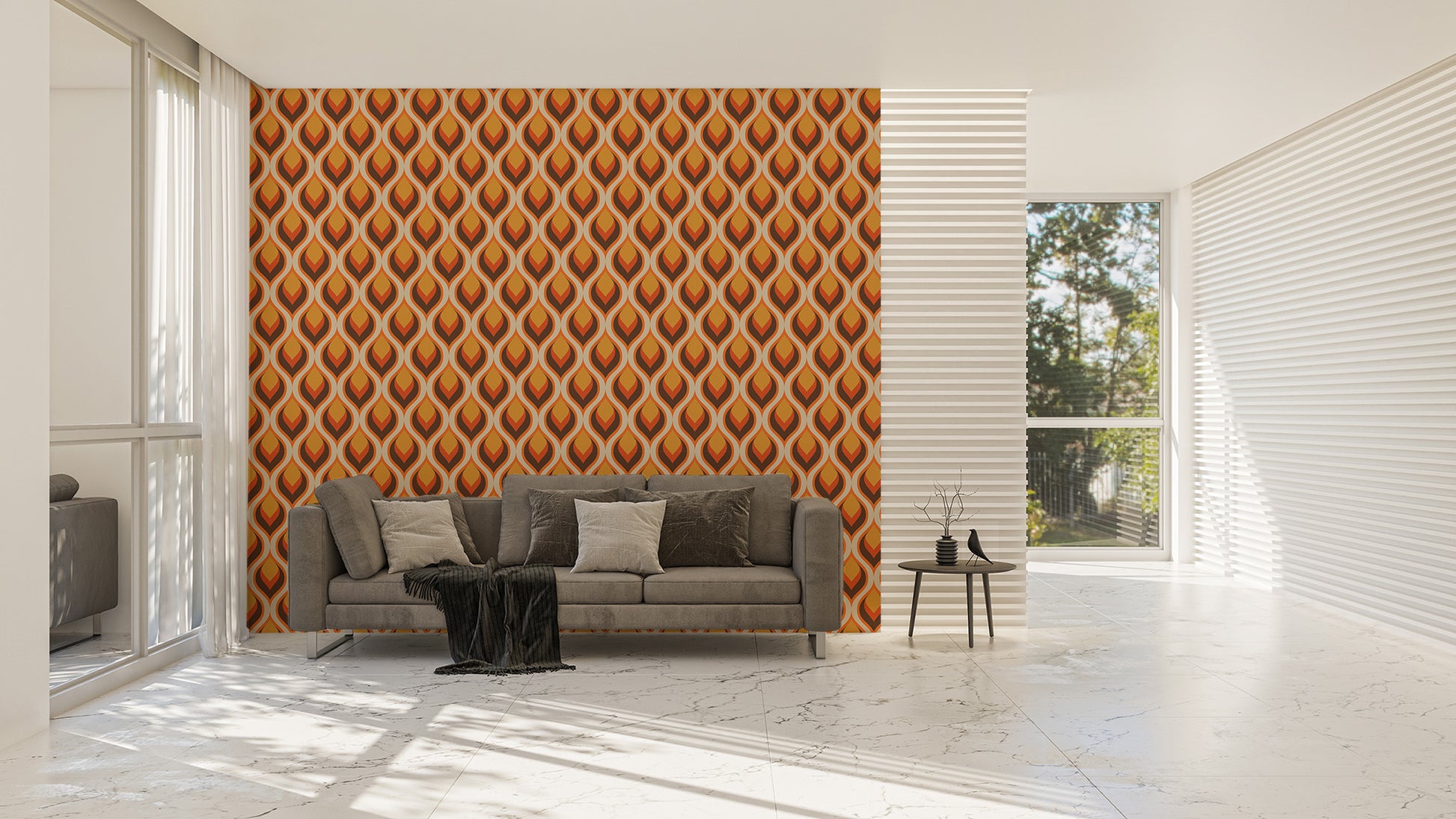 Retro-inspired wallpaper with dynamic flame motifs in living room