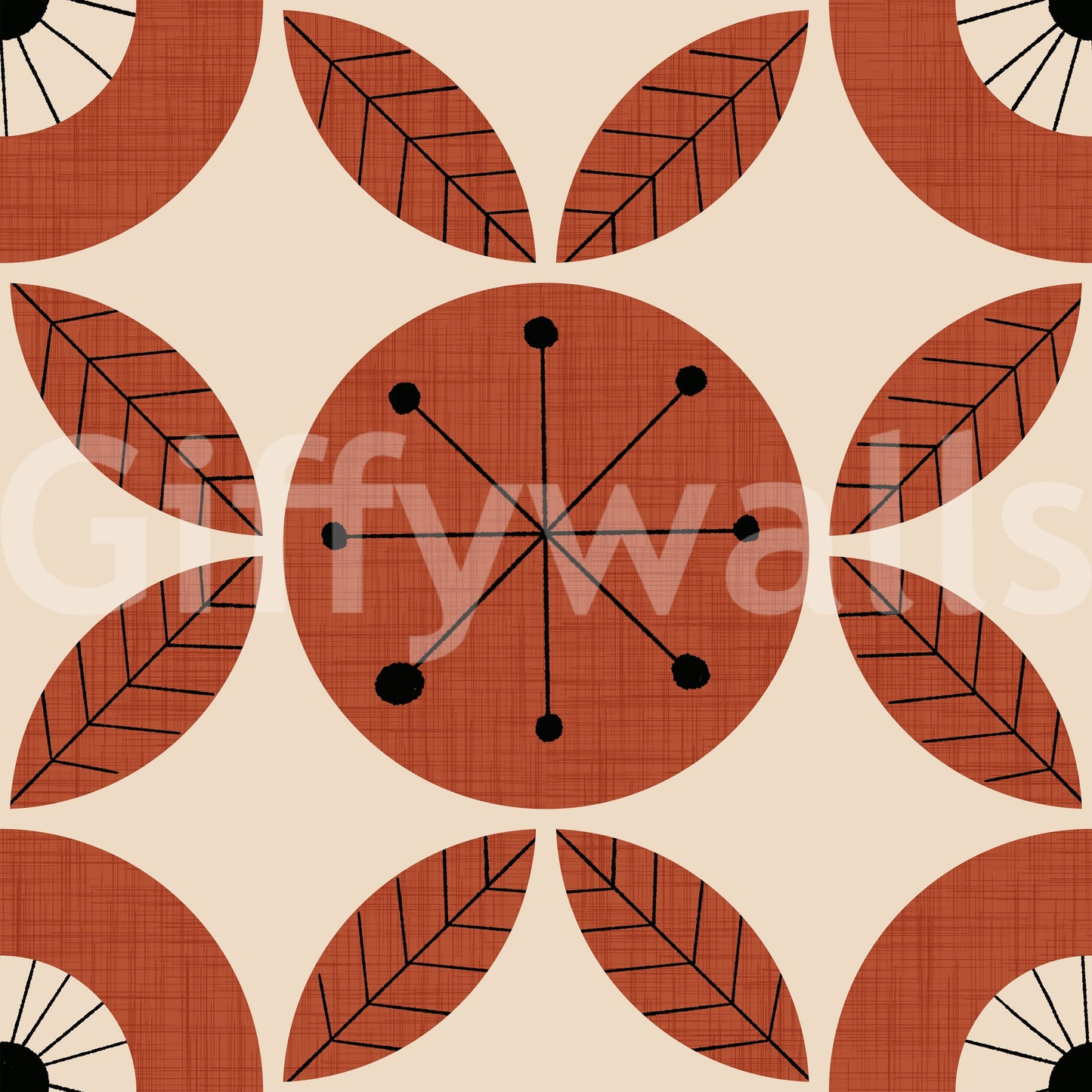 Stylized wallpaper featuring circular flower designs and radiating dot patterns in a vintage palette.