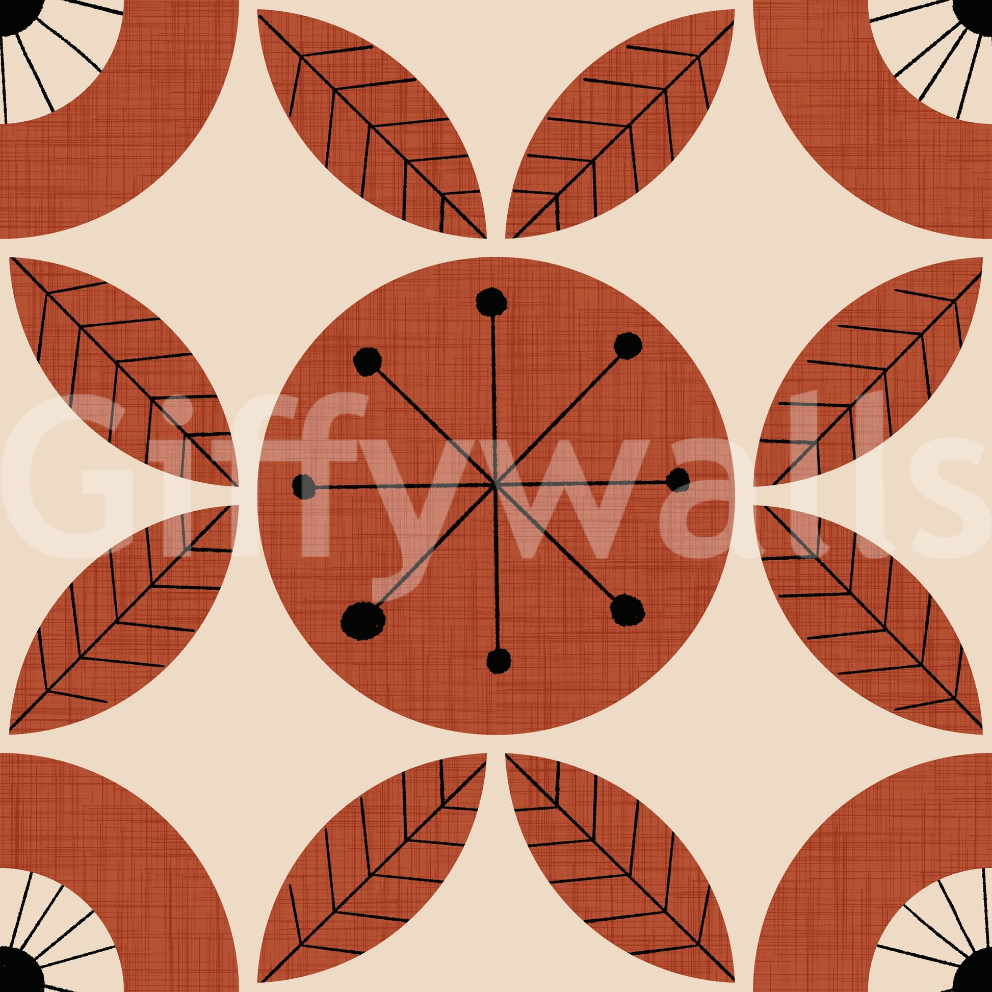 Stylized wallpaper featuring circular flower designs and radiating dot patterns in a vintage palette.