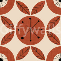 Stylized wallpaper featuring circular flower designs and radiating dot patterns in a vintage palette.
