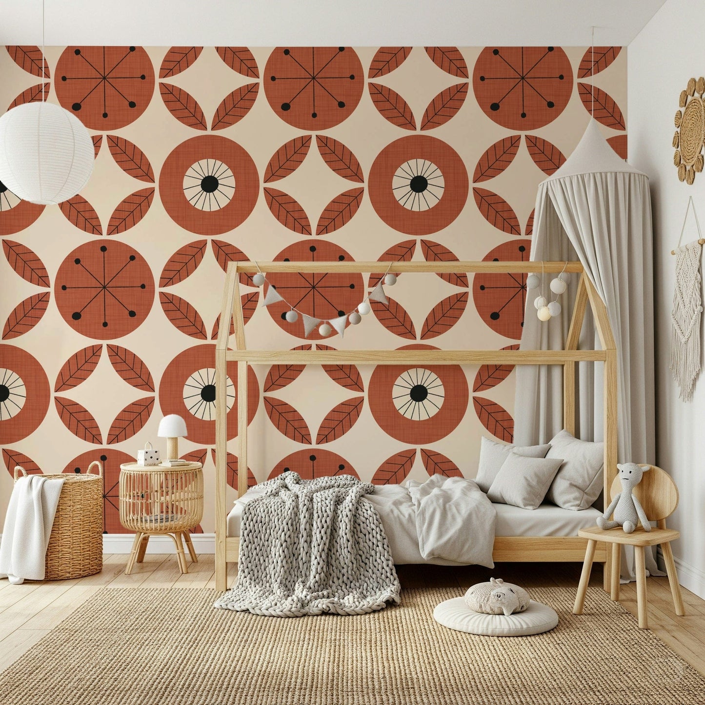 Abstract retro floral wallpaper with bold terracotta blooms and surrounding geometric leaves.