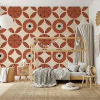 Abstract retro floral wallpaper with bold terracotta blooms and surrounding geometric leaves.