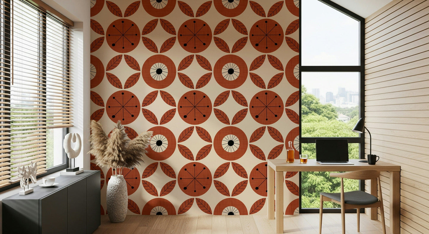 Retro bloom pattern wallpaper featuring bold terracotta flower circles with leaf motifs.