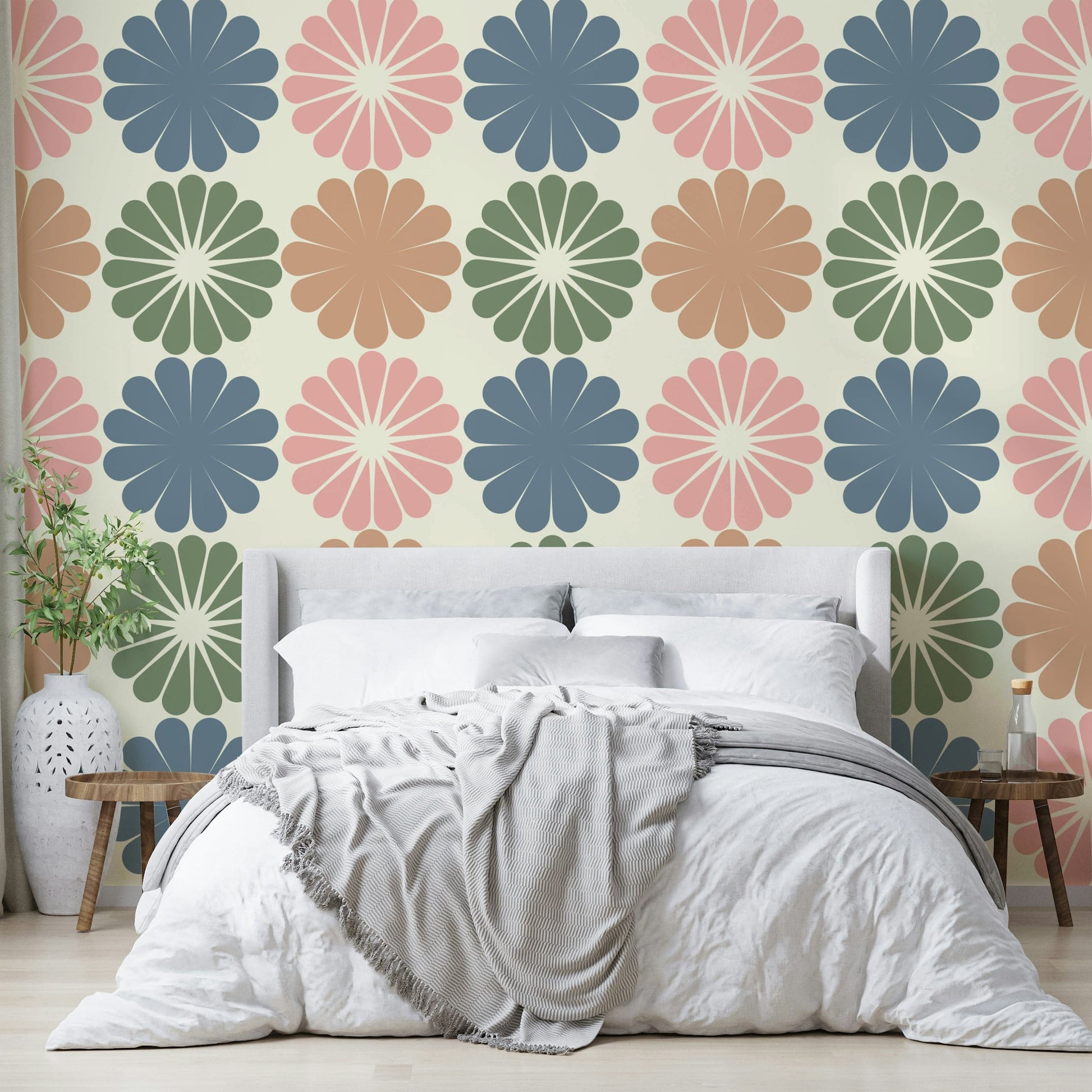 The flowers are made up of geometric shapes like triangles and hexagons.
