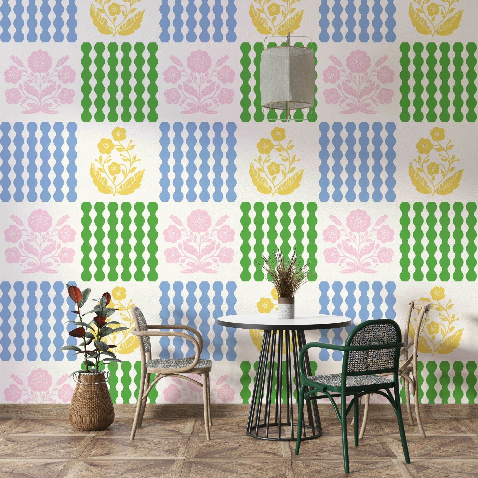 Soft oranges, warm browns, creams, greens, inviting blues.

