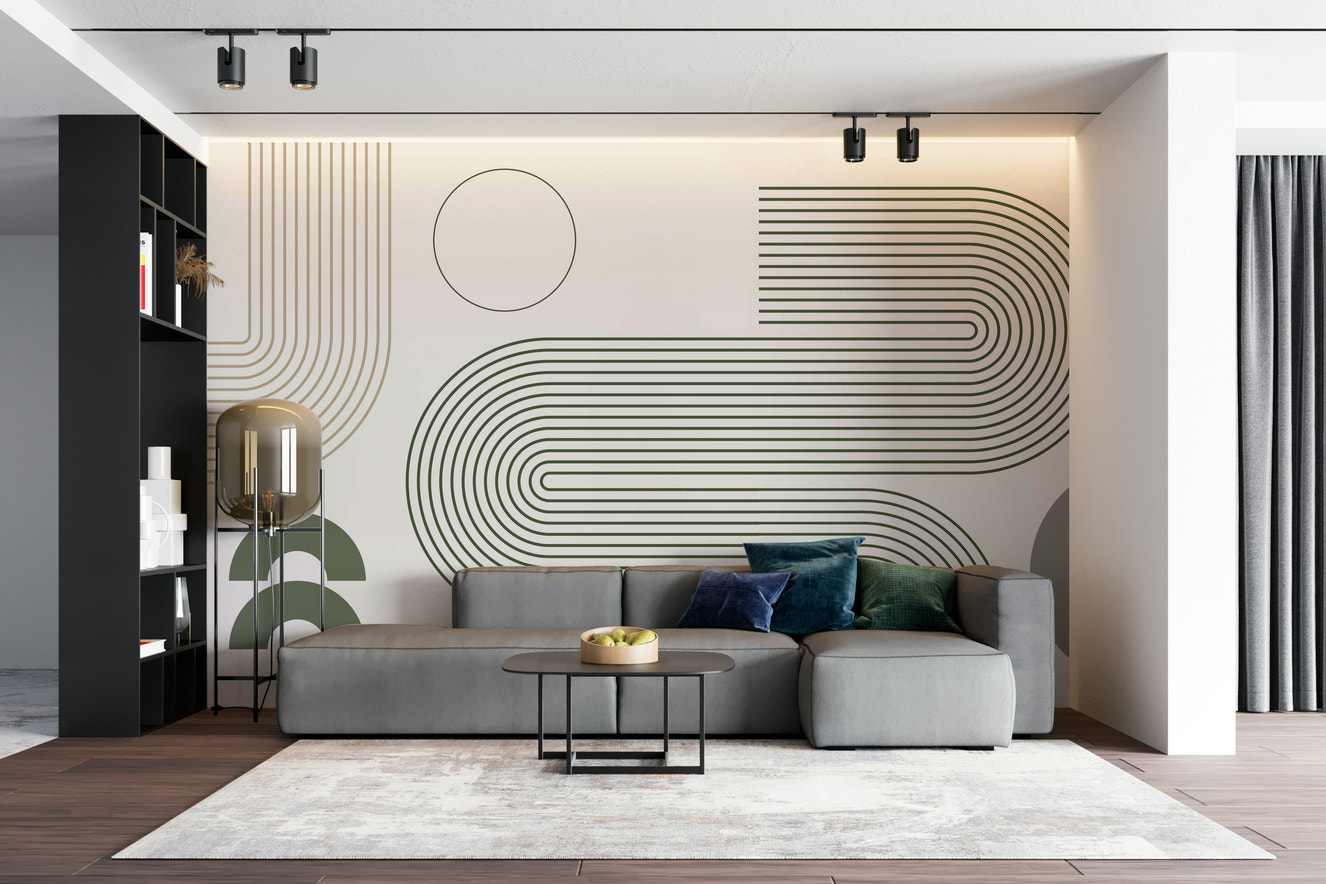 Minimalist wall mural with retro flowing lines

