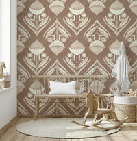 Repeating retro floral design with geometric seed pods and curved leaf forms on a brown backdrop
