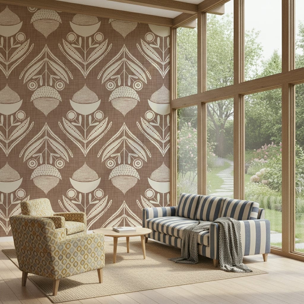 Artistic floral wallpaper with abstract folk shapes and cream-on-brown contrast