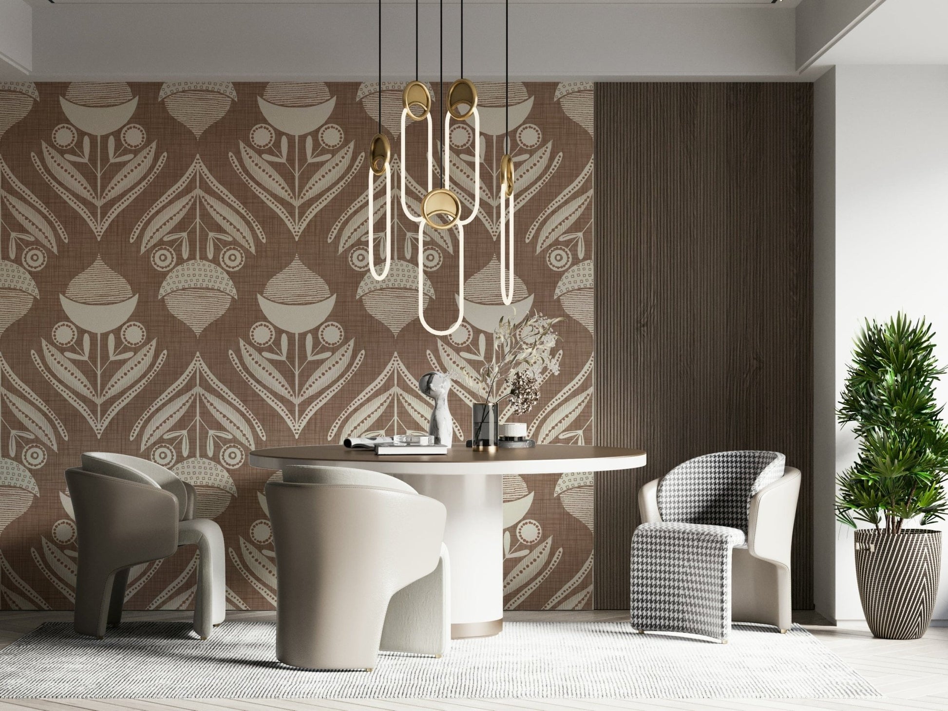 Traditional folk floral pattern with repeating seed pods and leaf clusters in warm earthy shades