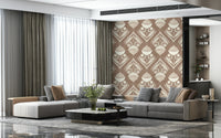 Retro botanical design featuring symmetrical cream flowers against a woven brown texture