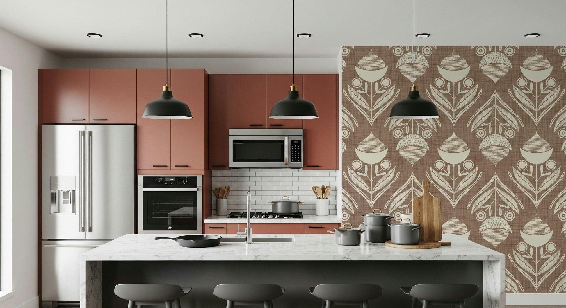 Brown wallpaper with decorative cream blooms and dotted botanical accents in a retro style