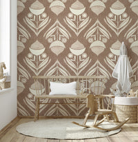 Repeating retro floral design with geometric seed pods and curved leaf forms on a brown backdrop