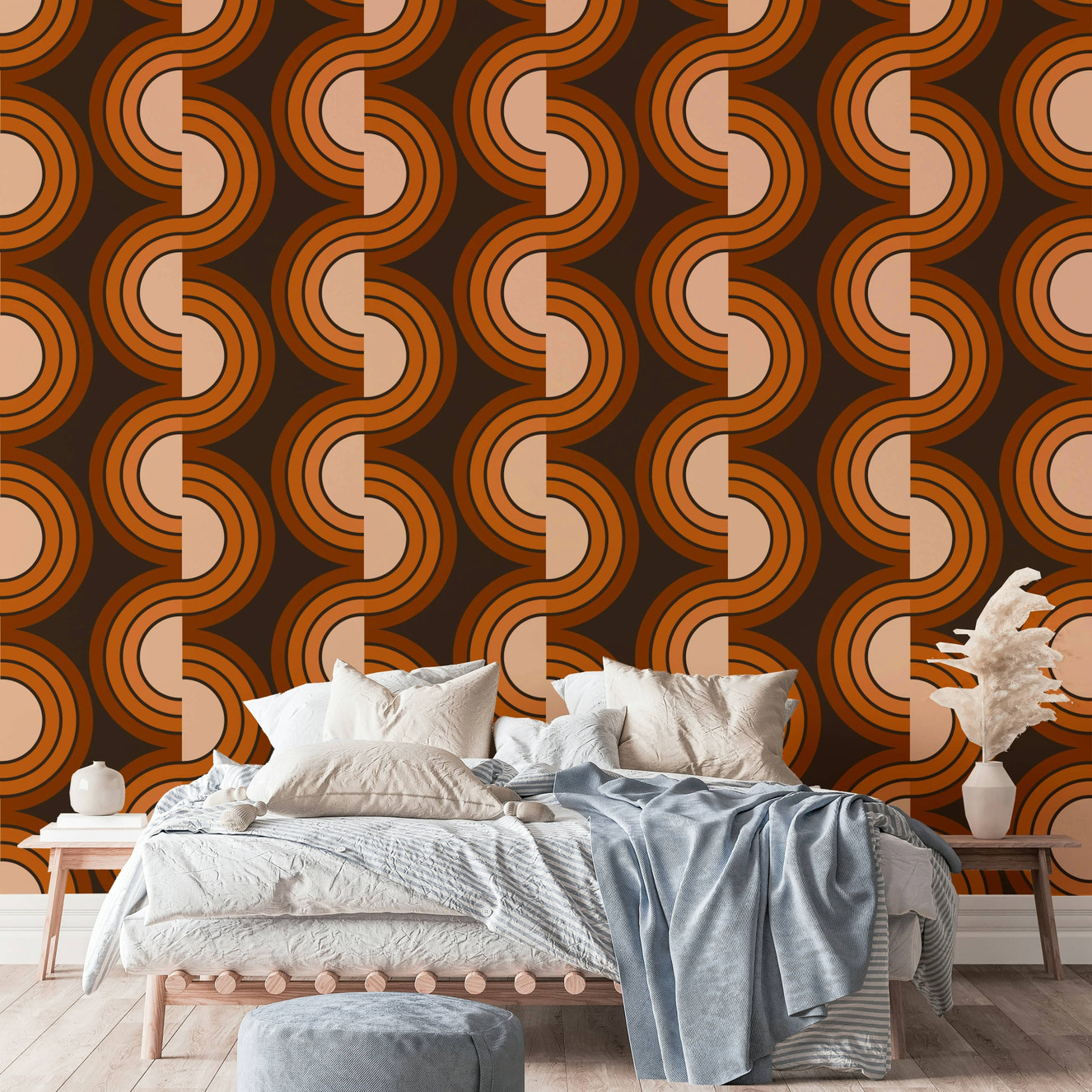 A graceful subtle geometric wall mural in bold tones.

