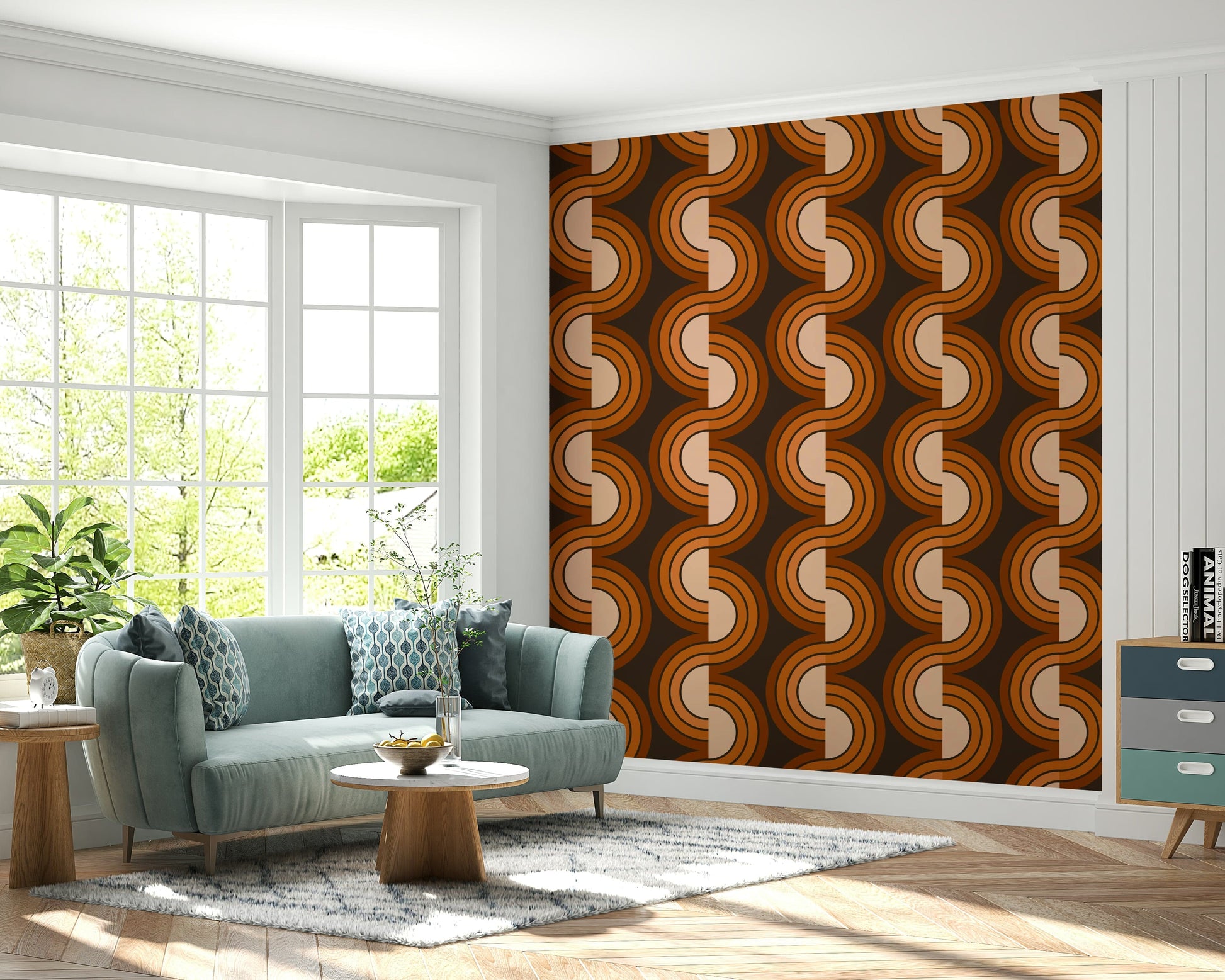 A contemplative 1970s style wallpaper mural for a feature wall.

